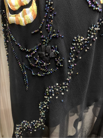 Vintage Black Mermaid Spaghetti Strap Gold Rose Beaded Embroidery Chiffon Long Prom Dress Evening Dress P4355