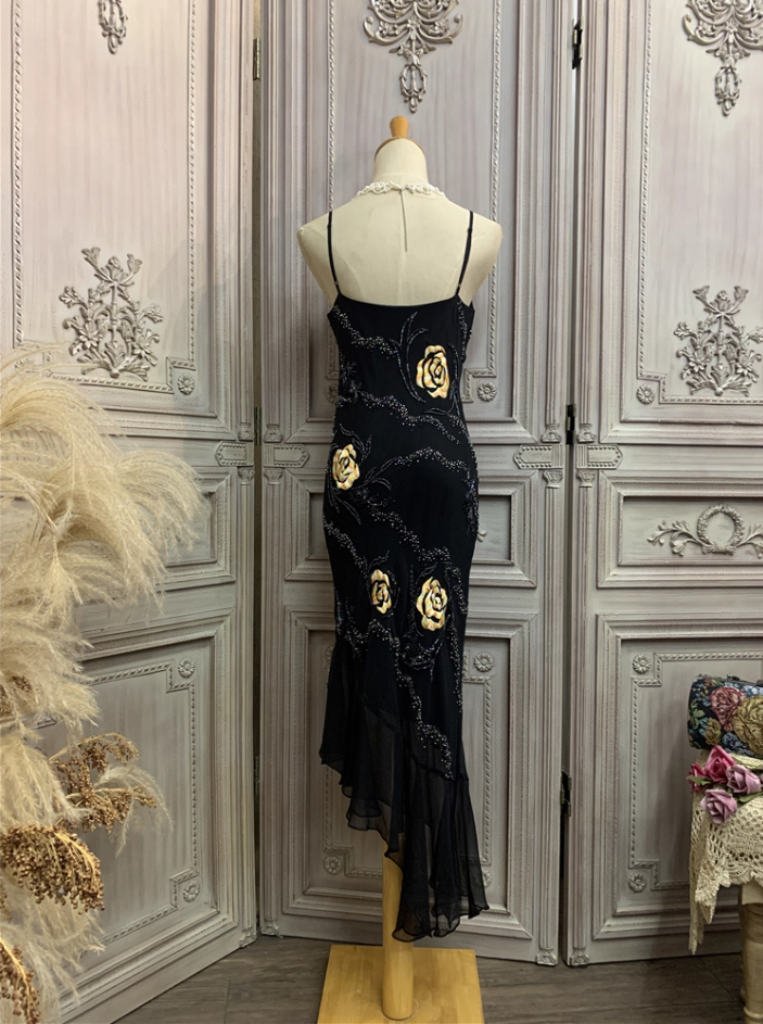 Vintage Black Mermaid Spaghetti Strap Gold Rose Beaded Embroidery Chiffon Long Prom Dress Evening Dress P4355