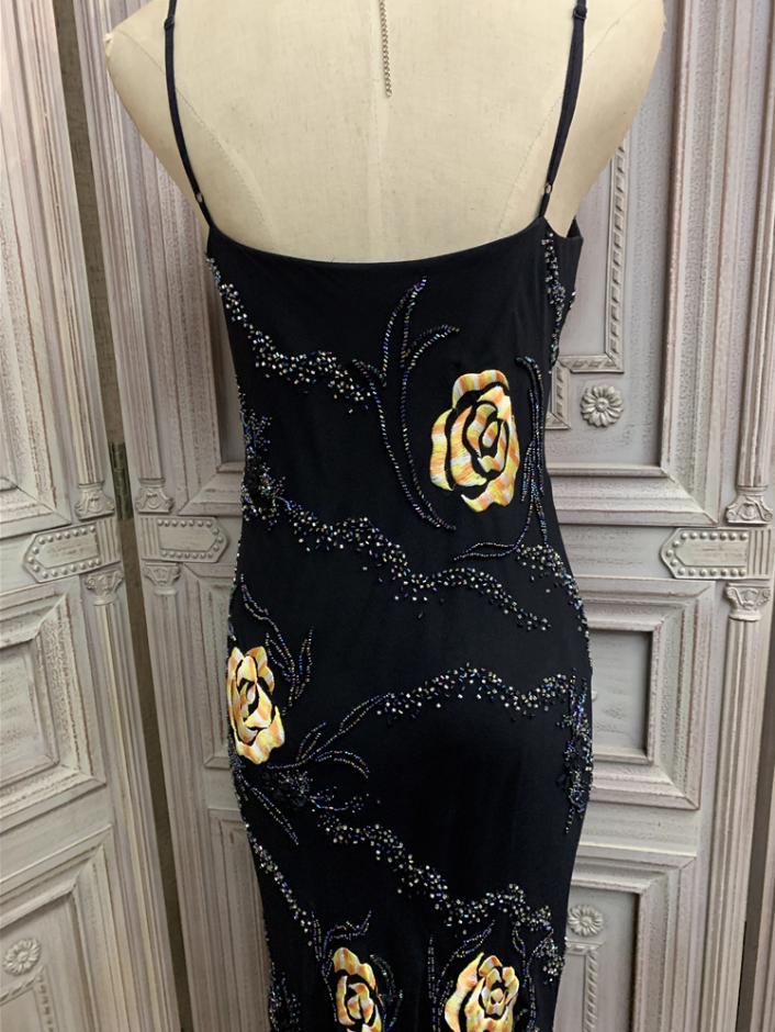 Vintage Black Mermaid Spaghetti Strap Gold Rose Beaded Embroidery Chiffon Long Prom Dress Evening Dress P4355