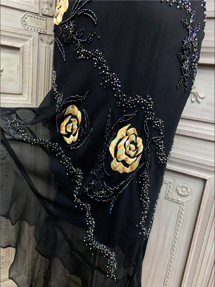 Vintage Black Mermaid Spaghetti Strap Gold Rose Beaded Embroidery Chiffon Long Prom Dress Evening Dress P4355