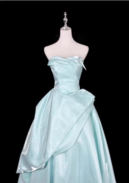 Dreamy Mint Light Blue A-line Strapless Satin Prom Dress Evening Dress P4356