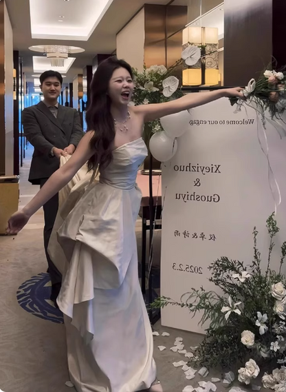Elegant Ivory Strapless High-Slit Satin Train Prom Dress Evening Dress Wedding Dress P4357