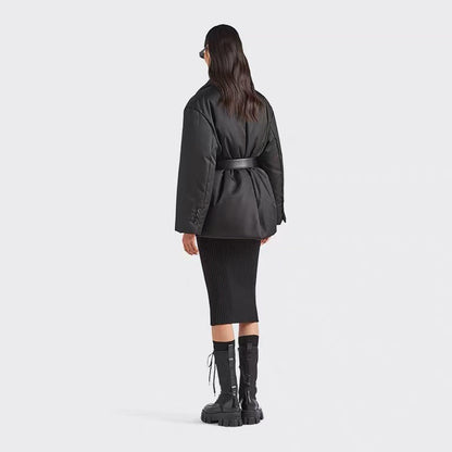 Prada 2025 Re-Nylon Down Jacket With Wide Lapels And A Belt