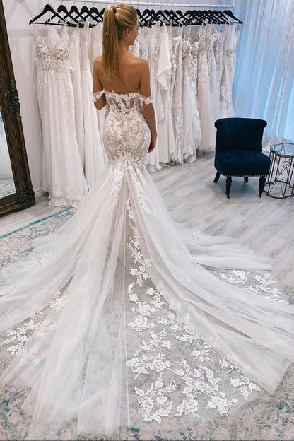 omberprom Elegant Off the Shoulder Long Lace Mermaid Wedding Dress