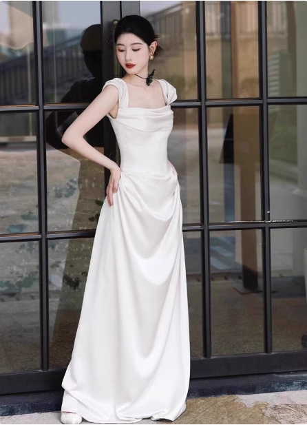 Elegant White Off-the-Shoulder Satin Long Prom Dress Evening Dress Wedding Dress P4359