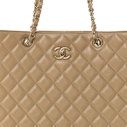 Caviar Quilted Large Shopping Tote Dark Beige