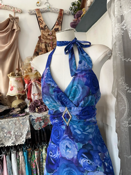 Blue halterneck rose print fitted waist A-line maxi ball gown R6160