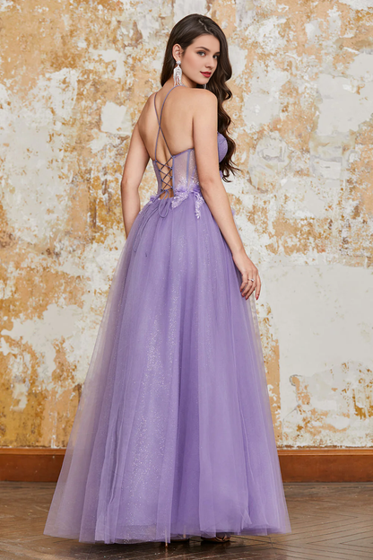 omberprom Elegant A-Line Prom Dress Spaghetti Straps Corset with 3D Flowers Purple
