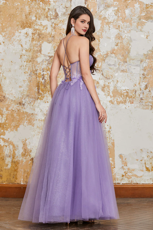 omberprom Elegant A-Line Prom Dress Spaghetti Straps Corset with 3D Flowers Purple