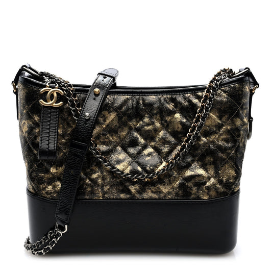 Metallic Crumpled Goatskin Quilted Medium Gabrielle Hobo Black Gold