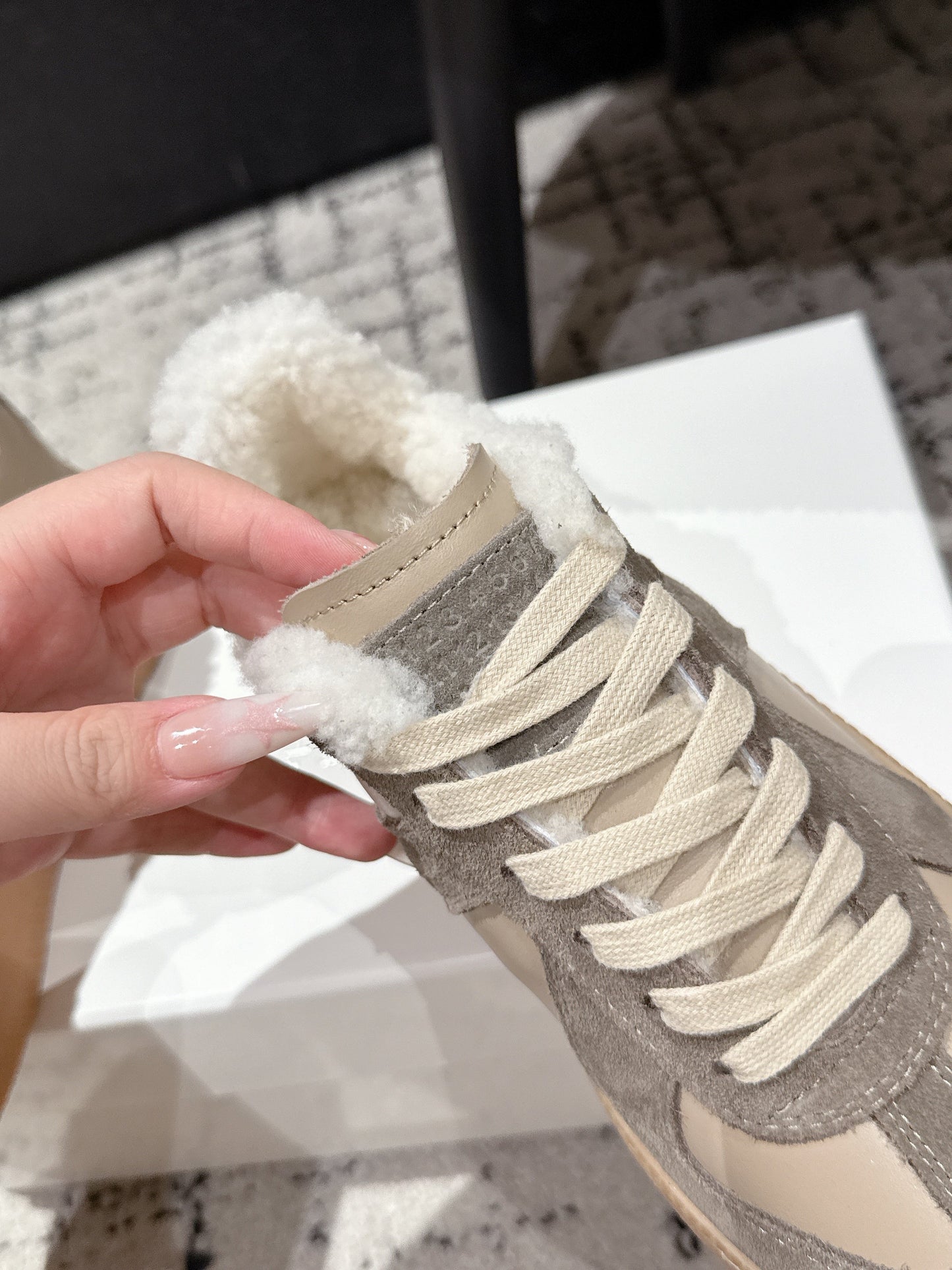 MM Platform German Training Shoes 50mm Warm Taupe Suede Sheepskin Fur 558417