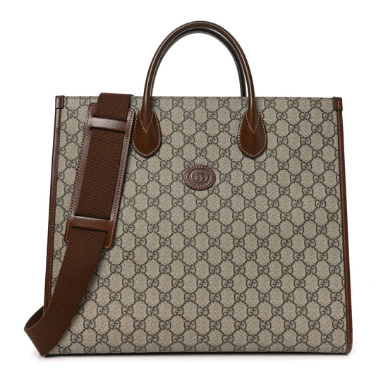 GG Supreme Monogram Azalea Calfskin Medium Retro Interlocking G Tote Bag Beige Ebony Brown Sugar