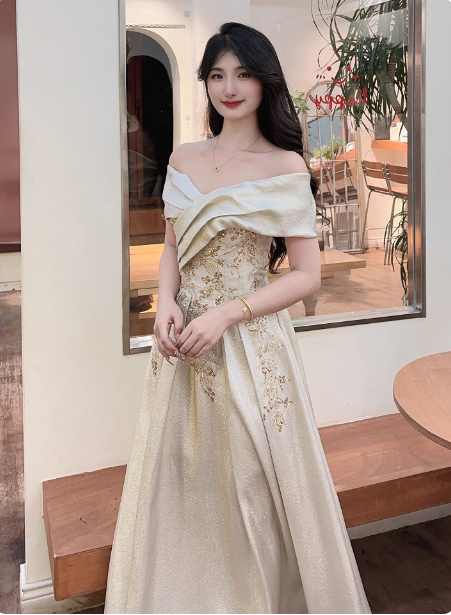 Vintage Champagne Gold Off-the-Shoulder Embroidered  Satin Long Prom Dress Evening Dress P4361