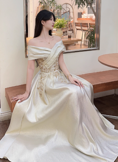 Vintage Champagne Gold Off-the-Shoulder Embroidered  Satin Long Prom Dress Evening Dress P4361