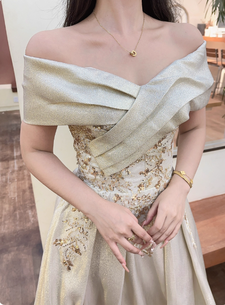 Vintage Champagne Gold Off-the-Shoulder Embroidered  Satin Long Prom Dress Evening Dress P4361