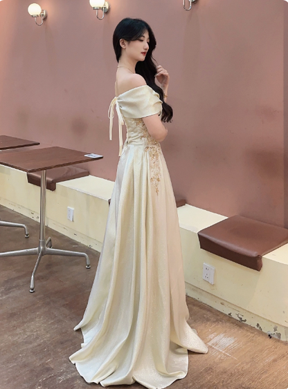 Vintage Champagne Gold Off-the-Shoulder Embroidered  Satin Long Prom Dress Evening Dress P4361