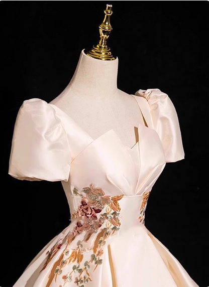 Princess Light Champagne Short-Sleeve Floral Embroidered Ball Gown Evening Dress P4363