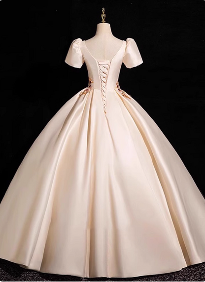 Princess Light Champagne Short-Sleeve Floral Embroidered Ball Gown Evening Dress P4363