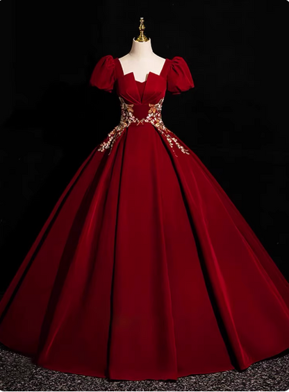 Princess Light Champagne Short-Sleeve Floral Embroidered Ball Gown Evening Dress P4363