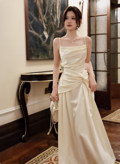 Elegant Beige Spaghetti Strap Square Neck Knot-Embellished Satin Long Prom Dress Evening Dress Bridesmaid Dress P4364