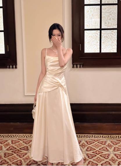 Elegant Beige Spaghetti Strap Square Neck Knot-Embellished Satin Long Prom Dress Evening Dress Bridesmaid Dress P4364