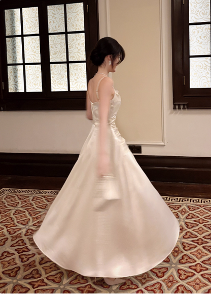 Elegant Beige Spaghetti Strap Square Neck Knot-Embellished Satin Long Prom Dress Evening Dress Bridesmaid Dress P4364