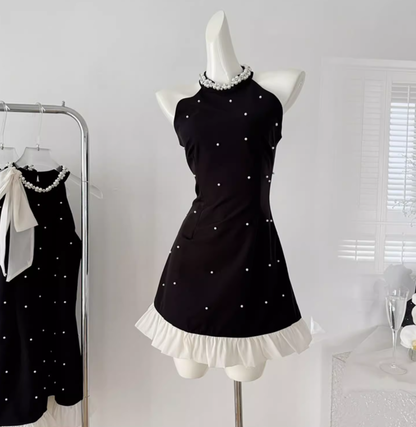 Bowknot halter neck black suspender dress 2025 slim A-line skirt beaded diamond bottoming skirt R0283