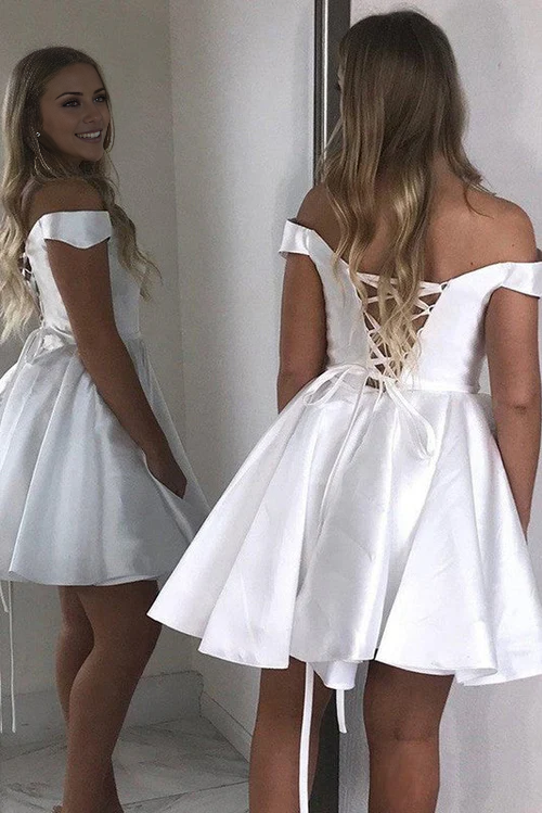 omberprom A-Line Simple Party Dress Satin Off-Shoulder Homecoming Dress Graduation Dress