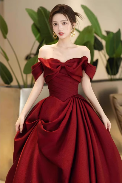 Elegant Burgundy A-Line Off-the-Shoulder Bow-Embellished Satin Long Prom Dress Evening Dress P4366