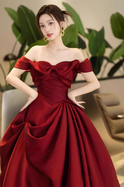 Elegant Burgundy A-Line Off-the-Shoulder Bow-Embellished Satin Long Prom Dress Evening Dress P4366