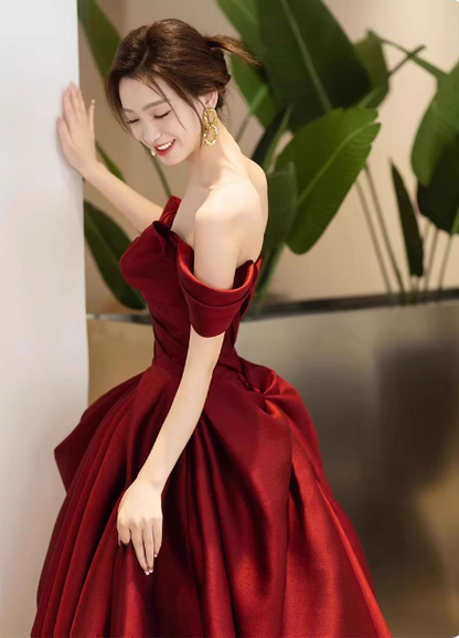 Elegant Burgundy A-Line Off-the-Shoulder Bow-Embellished Satin Long Prom Dress Evening Dress P4366