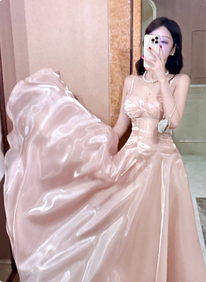 Sweet Princess Pink A-Line Spaghetti Strap Satin Long Prom Dress Evening Dress P4367