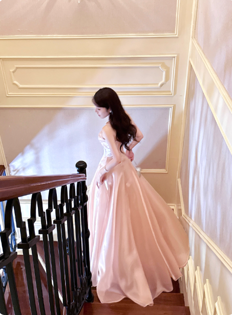 Sweet Princess Pink A-Line Spaghetti Strap Satin Long Prom Dress Evening Dress P4367
