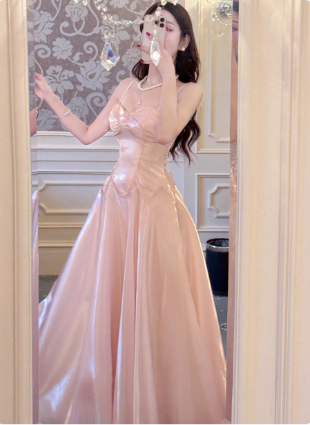 Sweet Princess Pink A-Line Spaghetti Strap Satin Long Prom Dress Evening Dress P4367