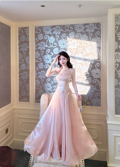 Sweet Princess Pink A-Line Spaghetti Strap Satin Long Prom Dress Evening Dress P4367