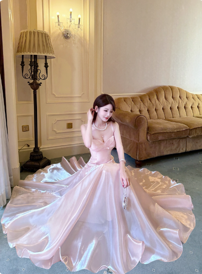 Sweet Princess Pink A-Line Spaghetti Strap Satin Long Prom Dress Evening Dress P4367