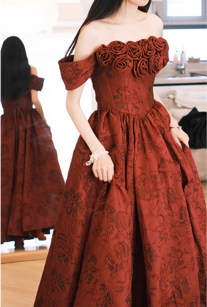 Vintage Rose Burgundy Off-the-Shoulder Jacquard Satin Long Prom Dress Evening Dress P4368