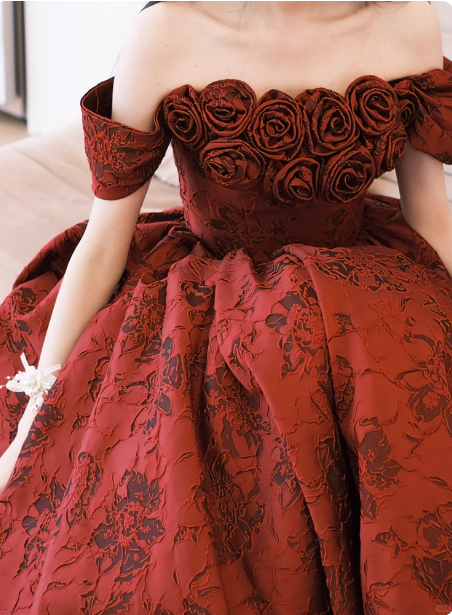 Vintage Rose Burgundy Off-the-Shoulder Jacquard Satin Long Prom Dress Evening Dress P4368