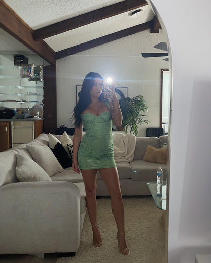 Green shiny suspenders sexy hip skirt homecoming dress R2410