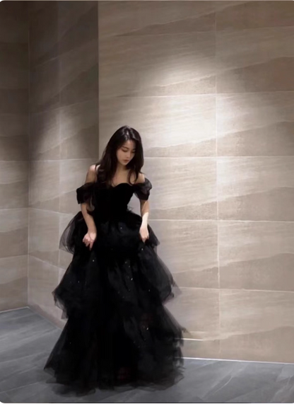 Elegant Black A-Line Off-the-Shoulder Shimmer Tiered Tulle Long Prom Dress Evening Dress P4369