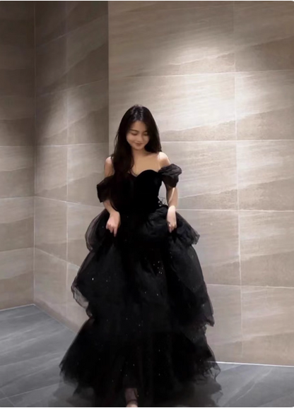 Elegant Black A-Line Off-the-Shoulder Shimmer Tiered Tulle Long Prom Dress Evening Dress P4369