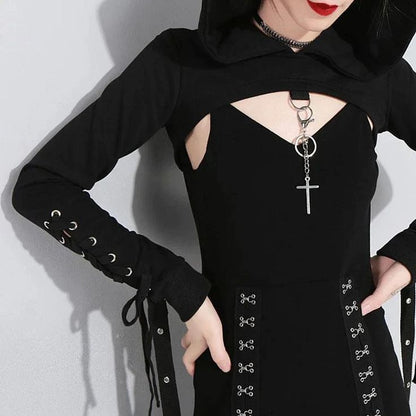 Vintage Hooded Strappy Top Design A-line Sleeveless Spaghetti Strap Split Dress TP3284
