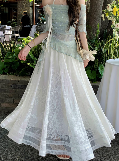 Fairy fake two-piece irregular halter neck short-sleeved T-shirt complete skirt suit R1757