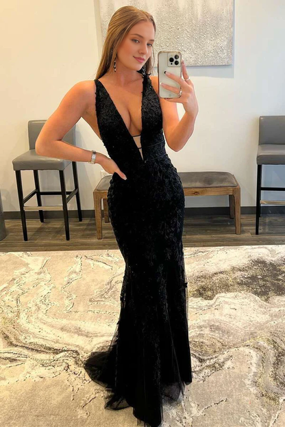 omberprom Elegant Mermaid Plunge V Neck Lace Long Prom Dress Charming Evening Party Dress