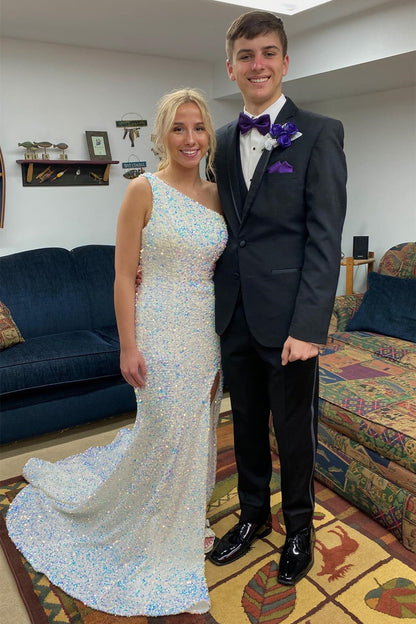 Sparkly Mermaid One Shoulder Sequins Sweeping Long Prom Dress with Slit