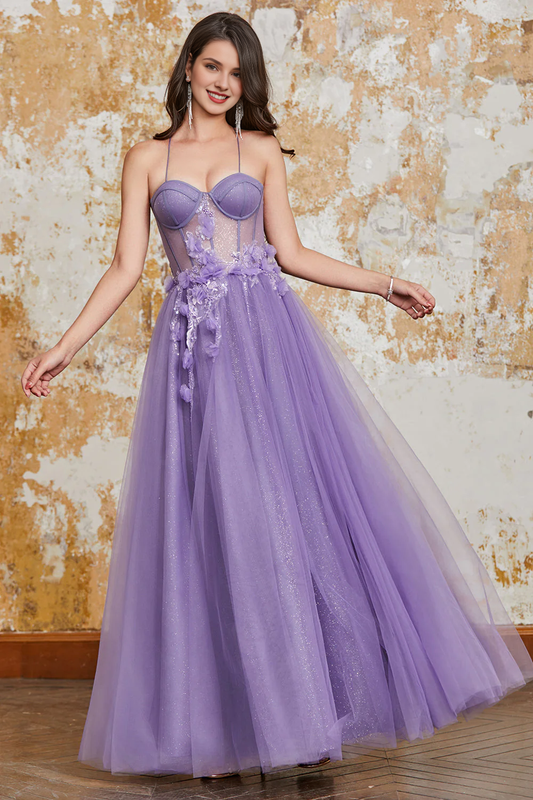 omberprom Elegant A-Line Prom Dress Spaghetti Straps Corset with 3D Flowers Purple