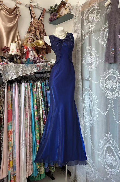 Dark blue sleeveless fitted waist bodycon mermaid long ball gown R7593