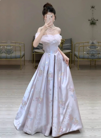 Dreamy Lavender Gray Pink A-Line Off-the-Shoulder Printed Satin Long Prom Dress Evening Dress P4370
