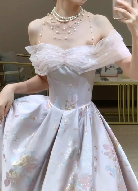Dreamy Lavender Gray Pink A-Line Off-the-Shoulder Printed Satin Long Prom Dress Evening Dress P4370