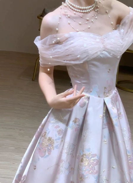 Dreamy Lavender Gray Pink A-Line Off-the-Shoulder Printed Satin Long Prom Dress Evening Dress P4370